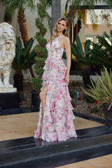 Nox Anabel Q1776 Chiffon Floral Print Layered Halter Style Prom Gown