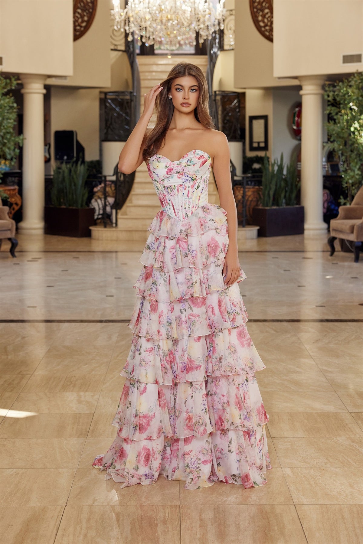 Nox Anabel Q1779 Layered Floral Print Chiffon Prom Or Ball Gown