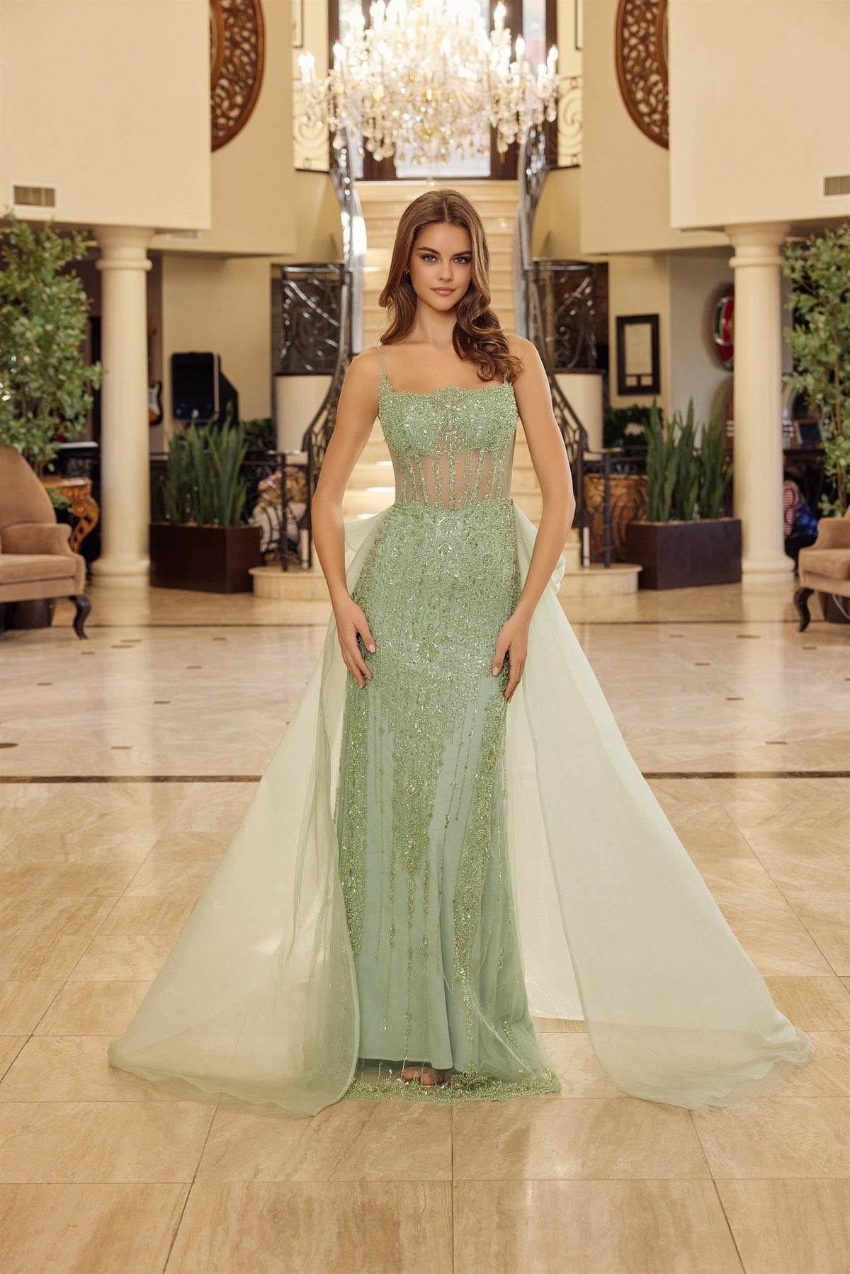 Nox Anabel N1763 Fully Beaded Prom Gown Detachable Tail Skirt