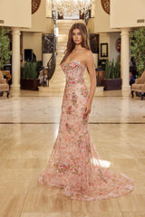 Nox Anabel Y1801 Floral Embroidered Trumpet Style Prom Gown
