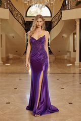 Nox Anabel E1907 Satin Prom Gown With Peaked Neckline And Beading