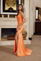 Nox Anabel H1875 Glitter Stretch Satin Prom Gown With Lacing and Train