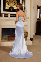 Nox Anabel H1876 Satin Peaked Sweetheart Prom Gown With Embroidered Illusion