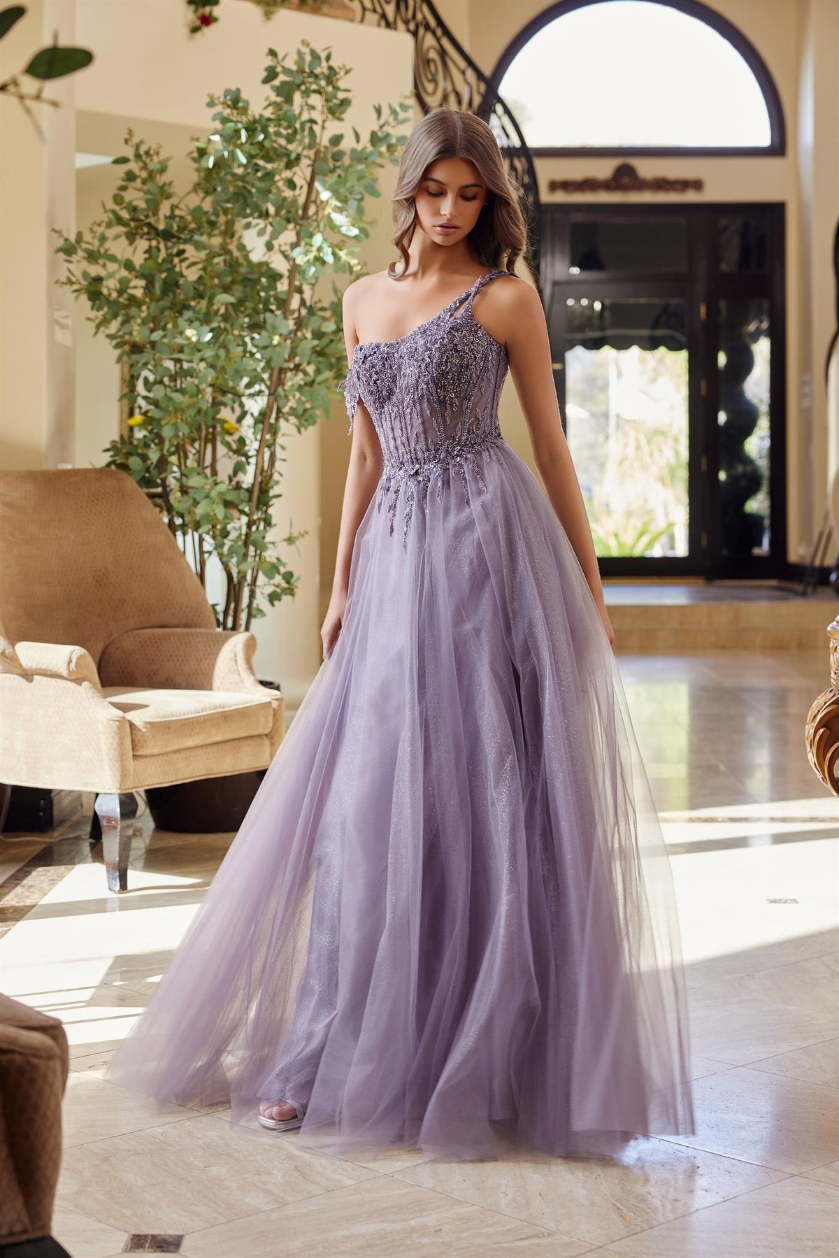 Nox Anabel F1567-1 Full Shimmer Tulle Prom Gown With Floral Pattern Beading