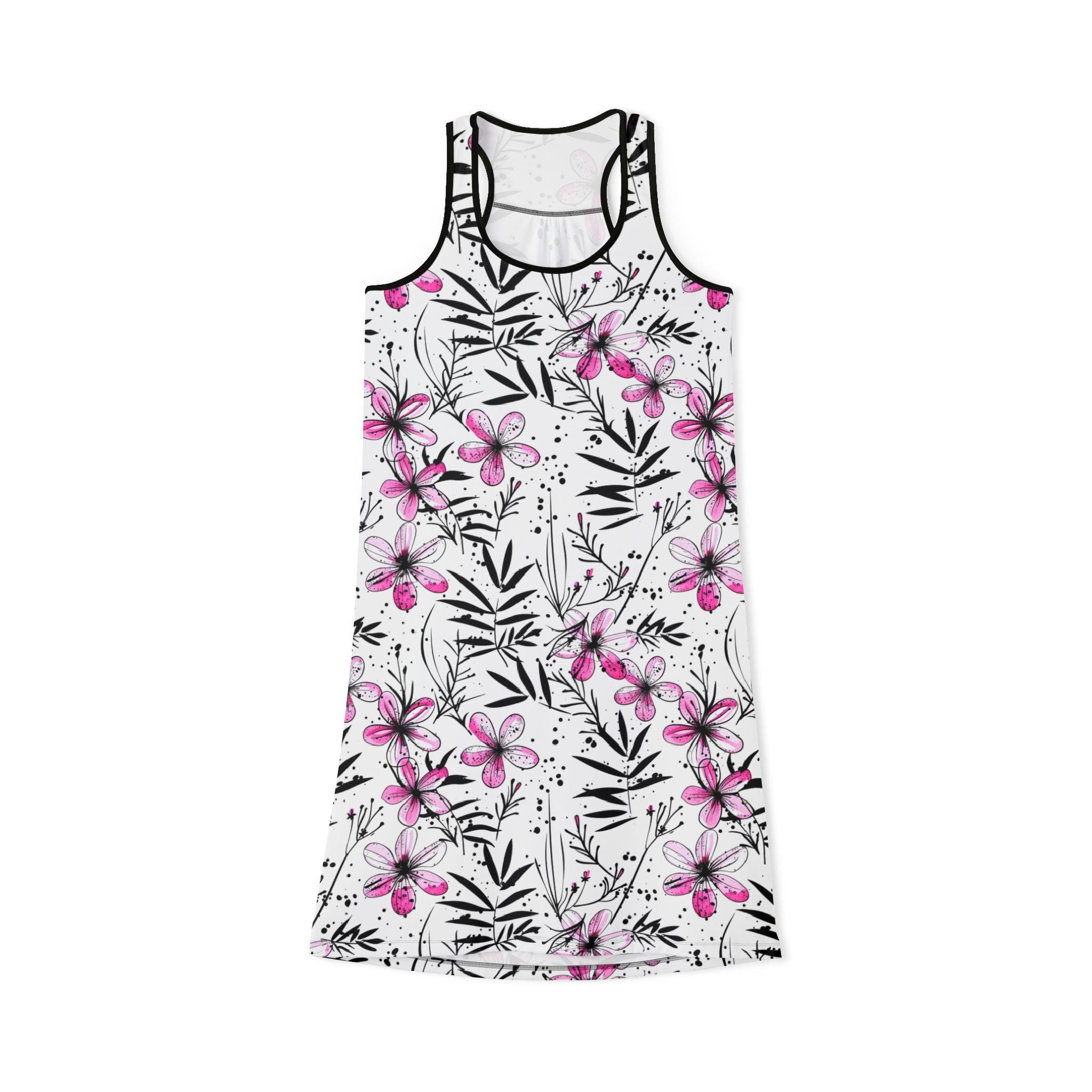 Ralee Fashion Floral Ink Print Pink and Black Racerback Dress for Women, Summer Dress, Beachwear, Casual Sundress, Floral Lounge Dress, Vacation Outfit