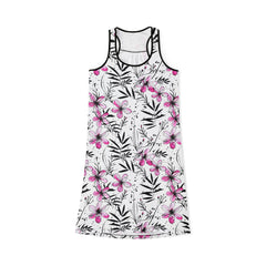 Ralee Fashion Floral Ink Print Pink and Black Racerback Dress for Women, Summer Dress, Beachwear, Casual Sundress, Floral Lounge Dress, Vacation Outfit