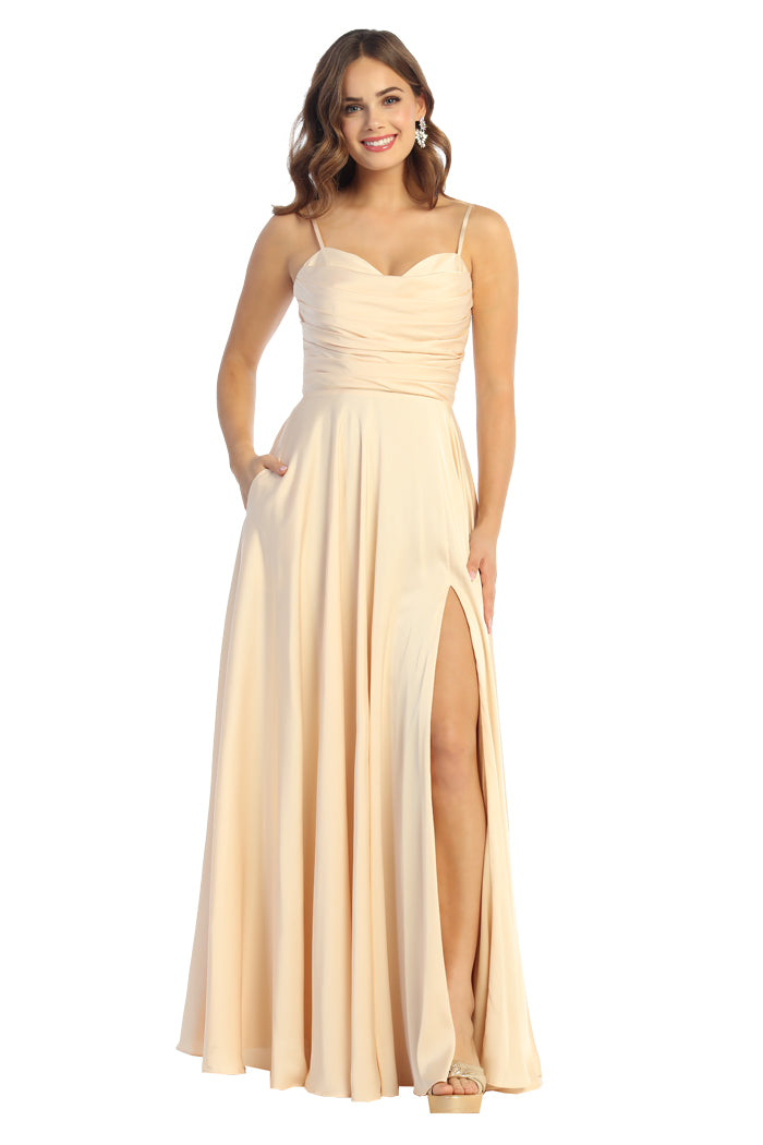 Cindy Collection 1836 Long Satin Bridesmaid Dress With Pockets & Back Lacing
