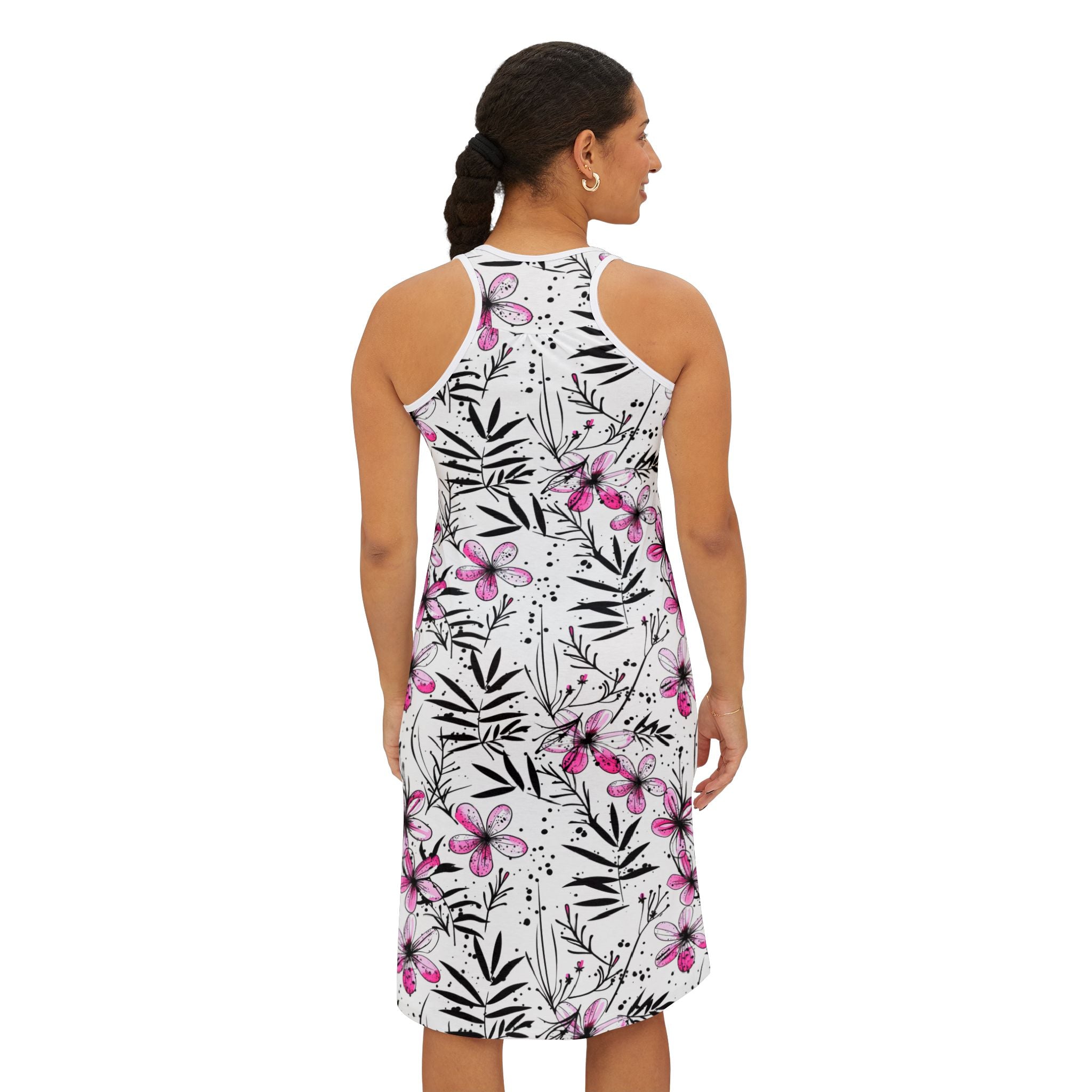 Ralee Fashion Floral Ink Print Pink and Black Racerback Dress for Women, Summer Dress, Beachwear, Casual Sundress, Floral Lounge Dress, Vacation Outfit