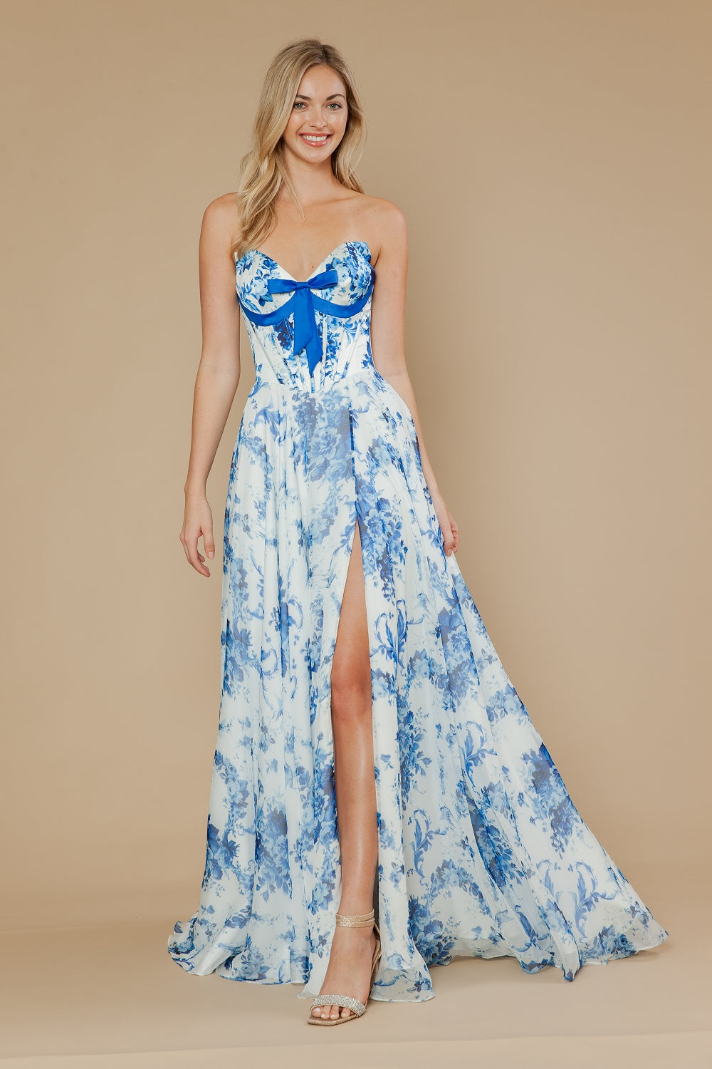 Poly USA 25080 Sweeping A-line Chiffon Floral Print Prom Gown