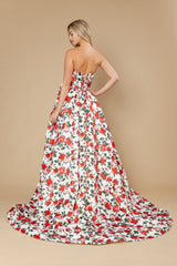 Poly USA 25188 Satin A-line Floral Print Prom Gown With Train