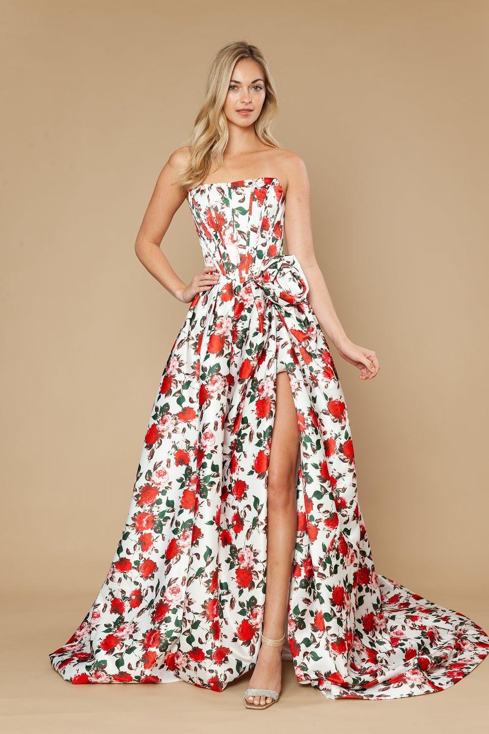 Poly USA 25188 Satin A-line Floral Print Prom Gown With Train