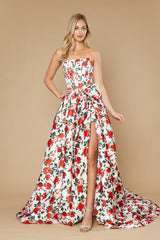 Poly USA 25188 Satin A-line Floral Print Prom Gown With Train