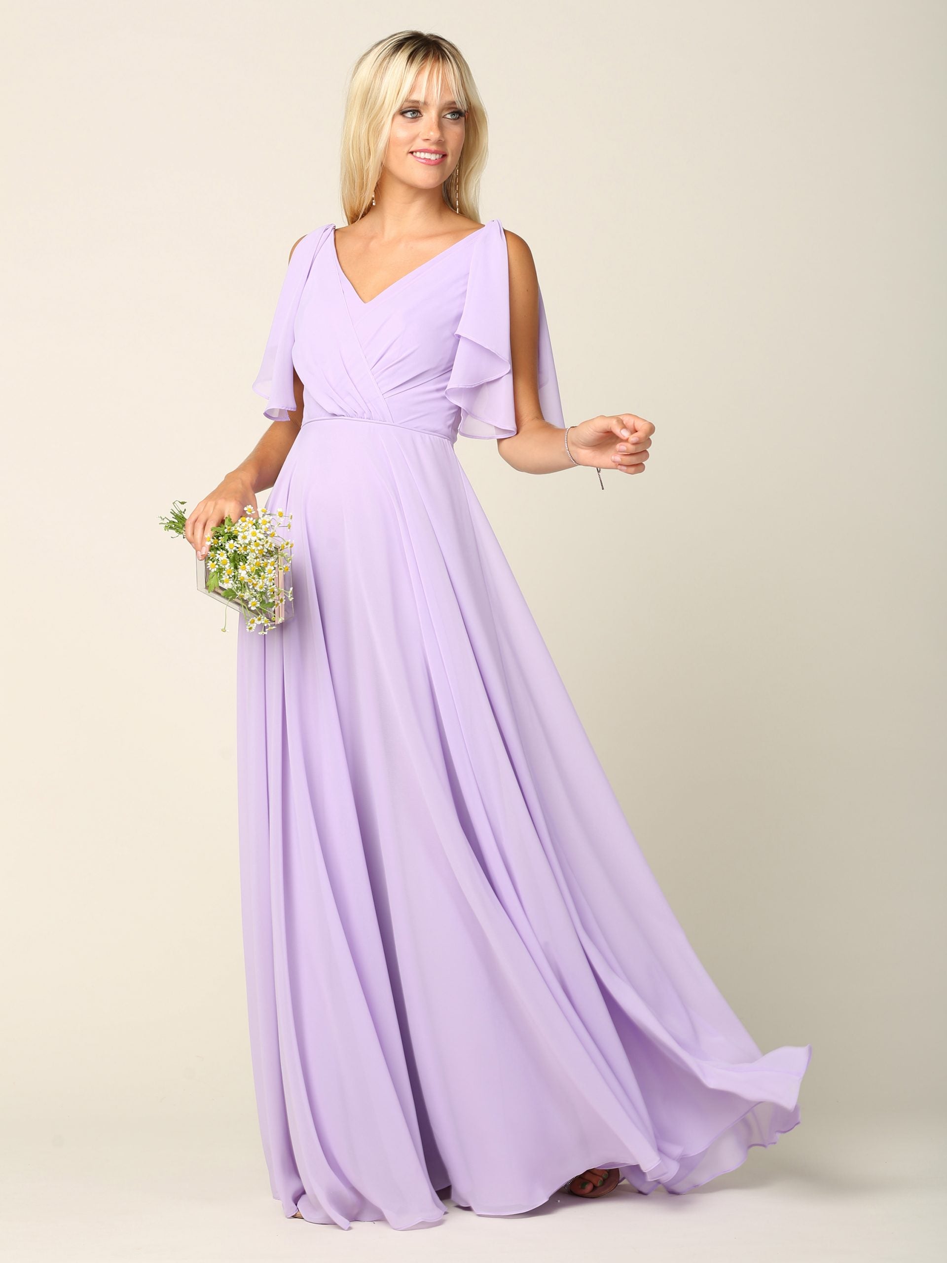 Eva USA 3345 Chiffon Bridesmaids Dress with Flutter Sleeves