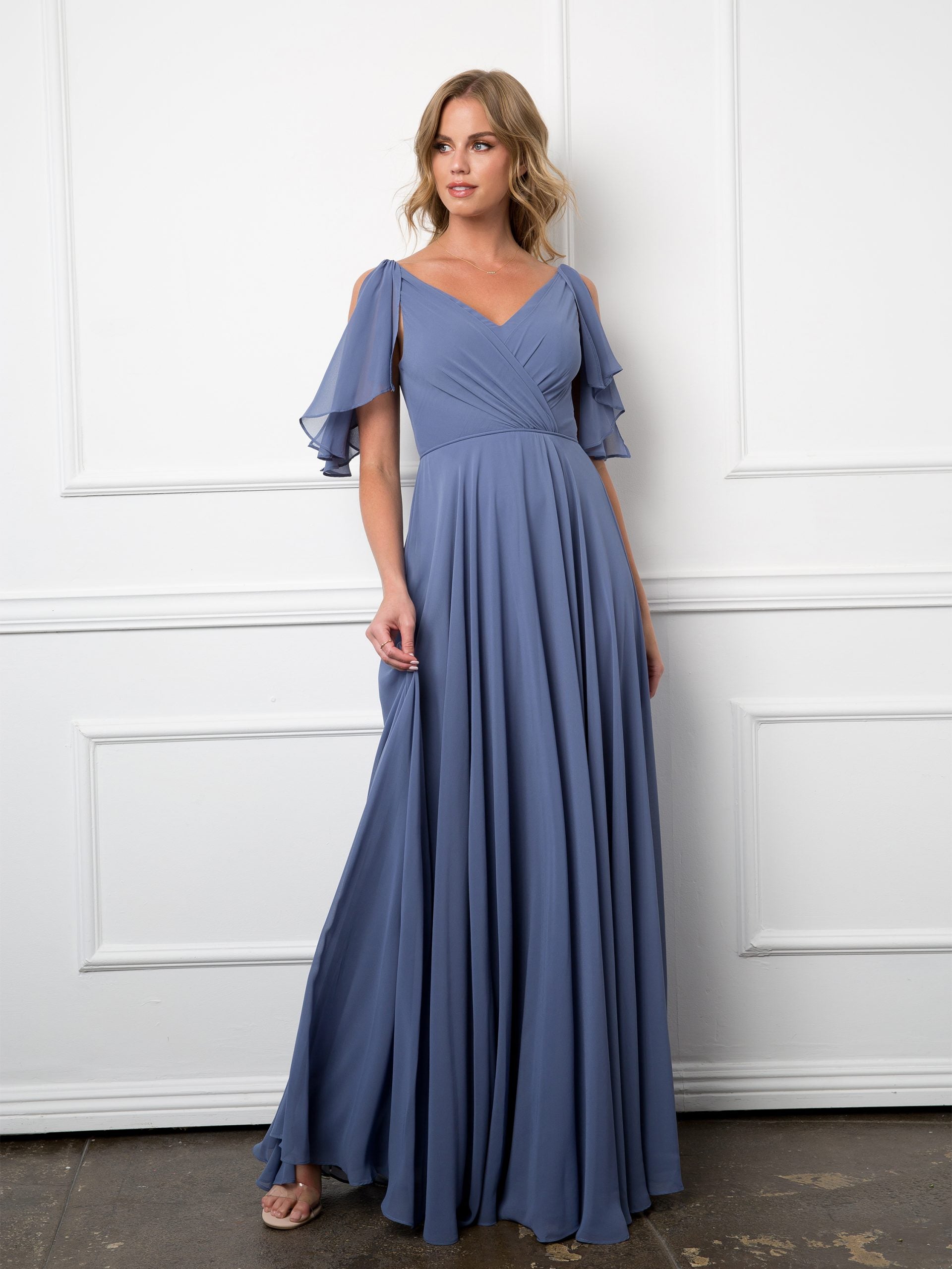Eva USA 3345 Chiffon Bridesmaids Dress with Flutter Sleeves