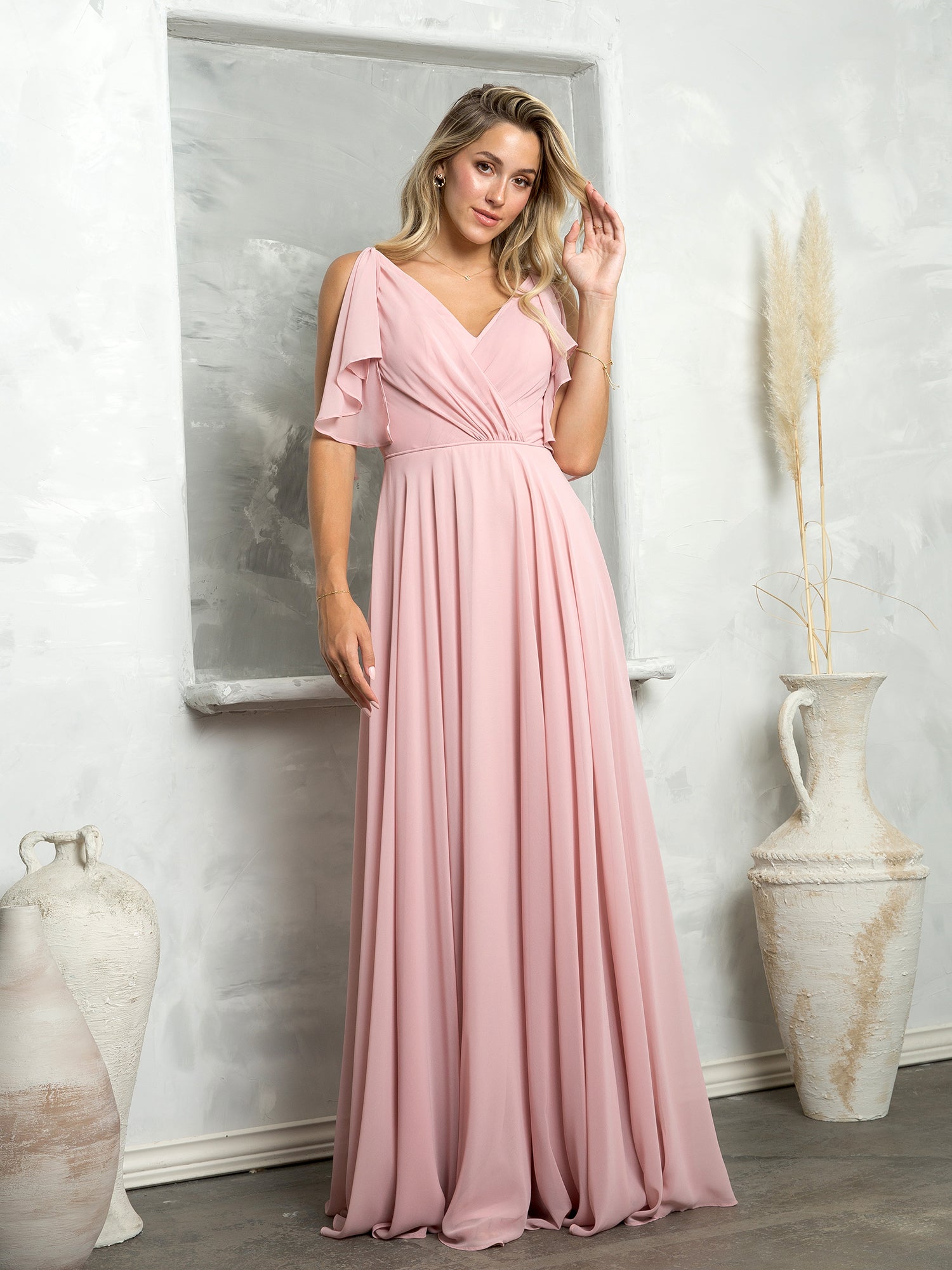 Eva USA 3345 Chiffon Bridesmaids Dress with Flutter Sleeves