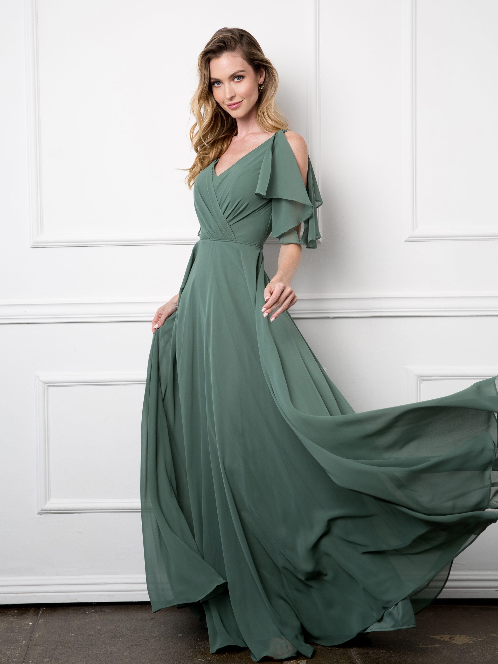 Eva USA 3345 Chiffon Bridesmaids Dress with Flutter Sleeves