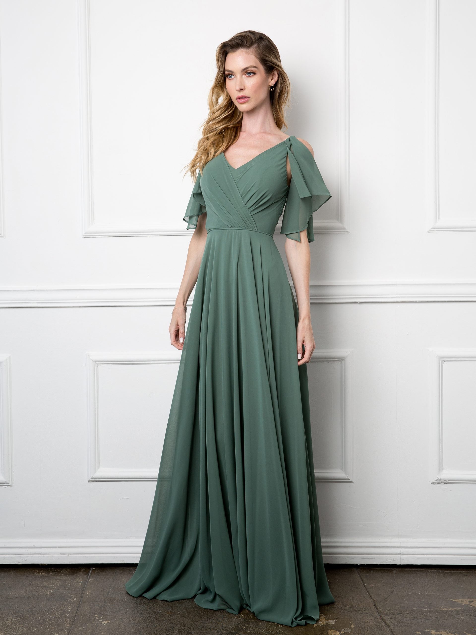 Eva USA 3345 Chiffon Bridesmaids Dress with Flutter Sleeves