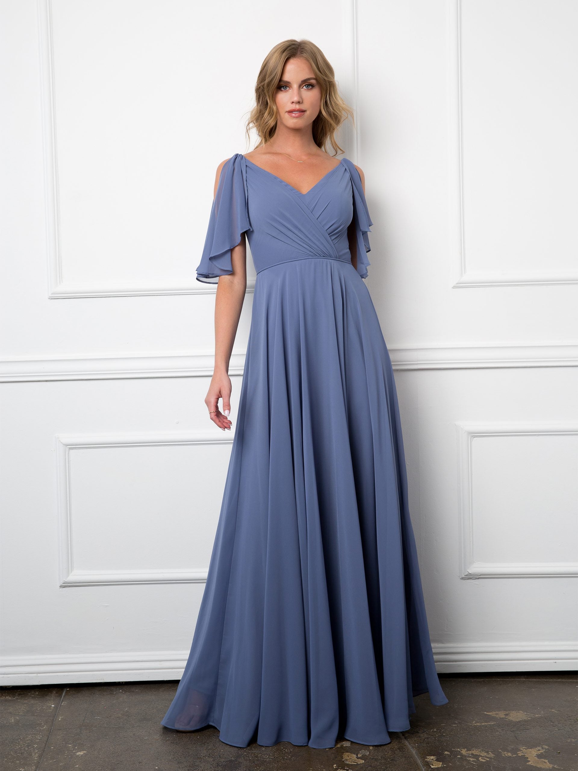 Eva USA 3345 Chiffon Bridesmaids Dress with Flutter Sleeves