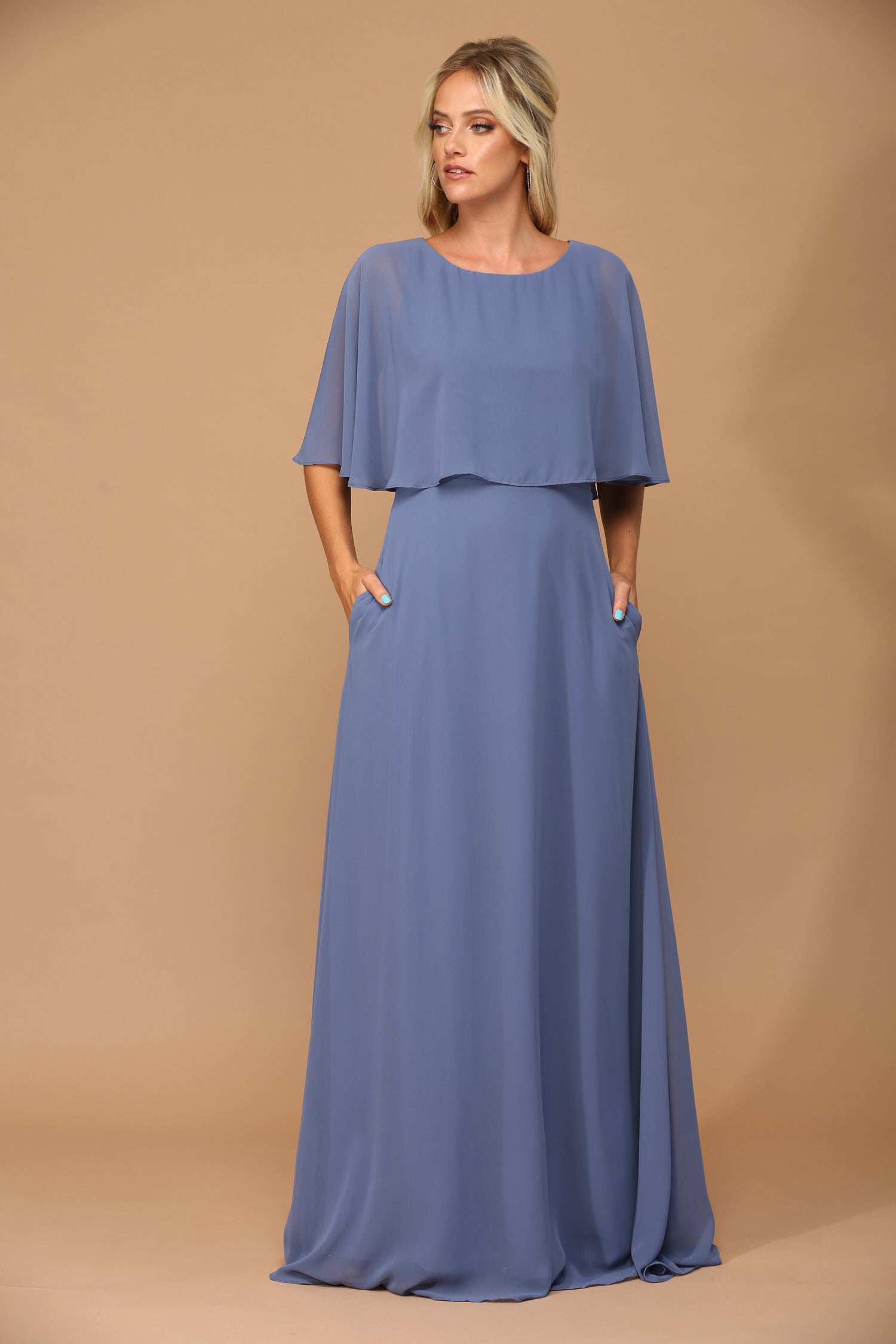 Eva USA 3348 Chiffon Bridesmaid Gown with Cape Overlay