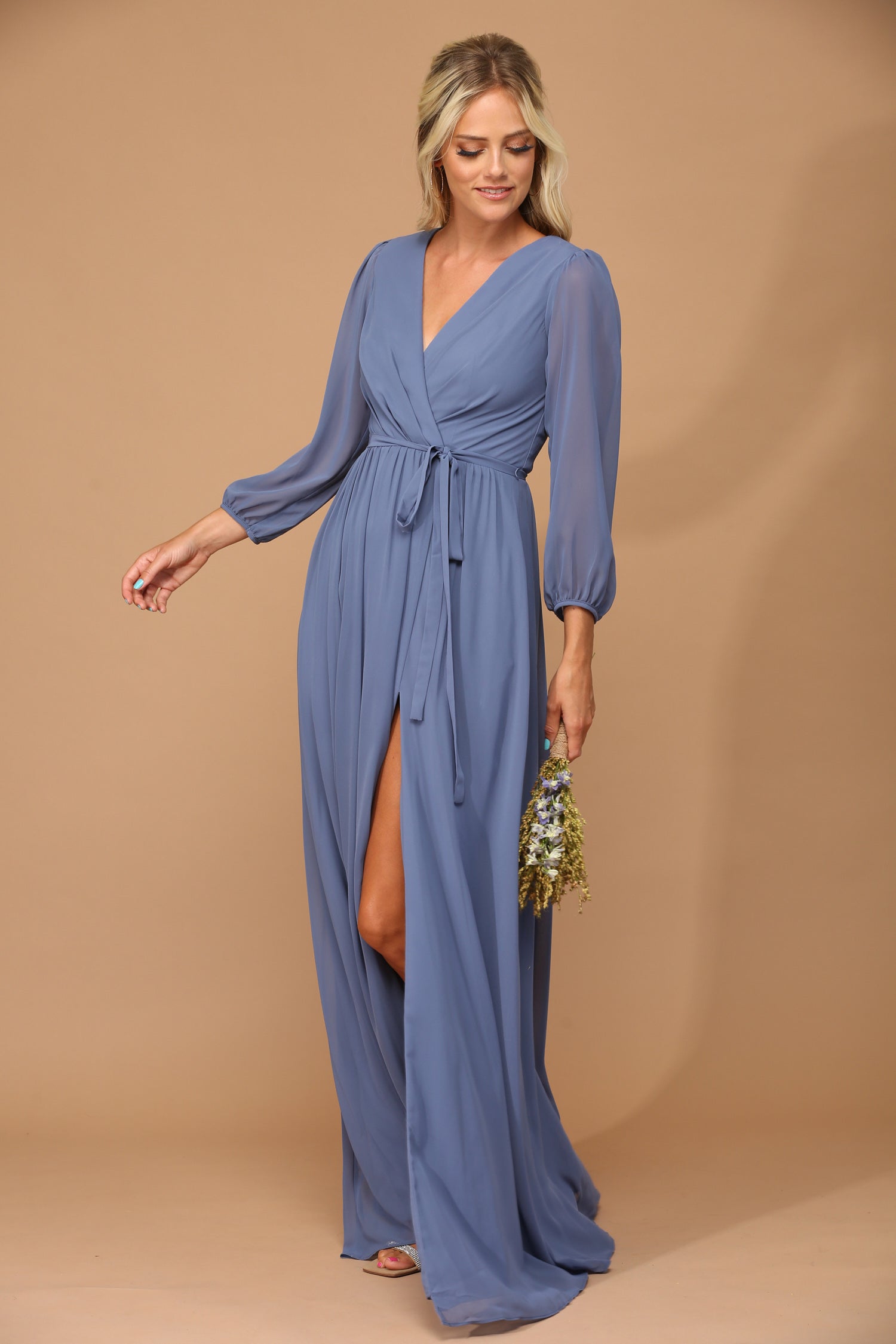 eva usa bridesmaid dresses Eva USA 3345 Long Formal Flutter Sleeves Bridesmaids Dress