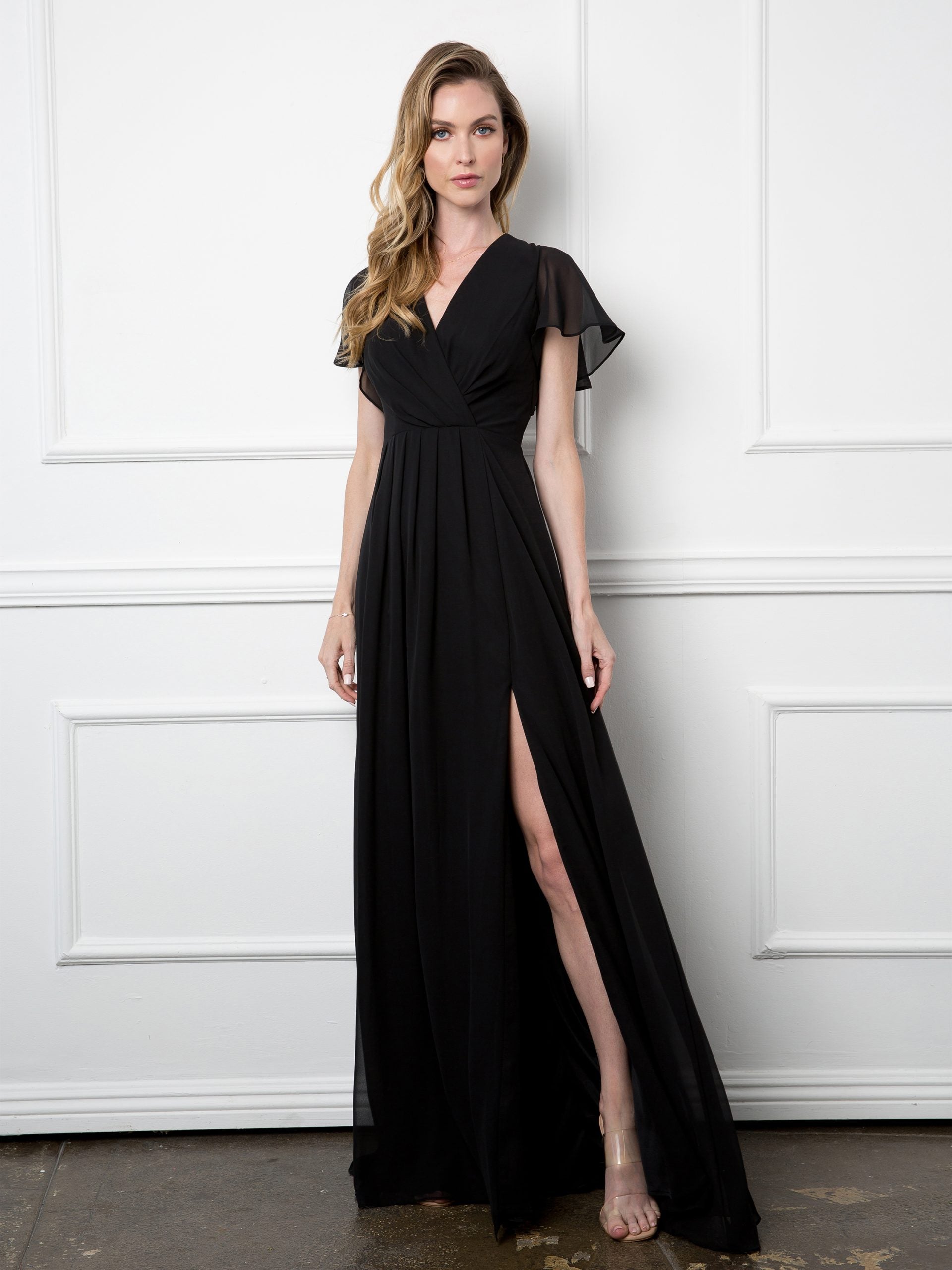 Eva USA 3413 Long Chiffon Bridesmaids Dress with Flutter Sleeves Rowan Bridal LLC Eva USA 3413 Long Chiffon Bridesmaids Dress with Flutter Sleeves Rowan Bridal LLC