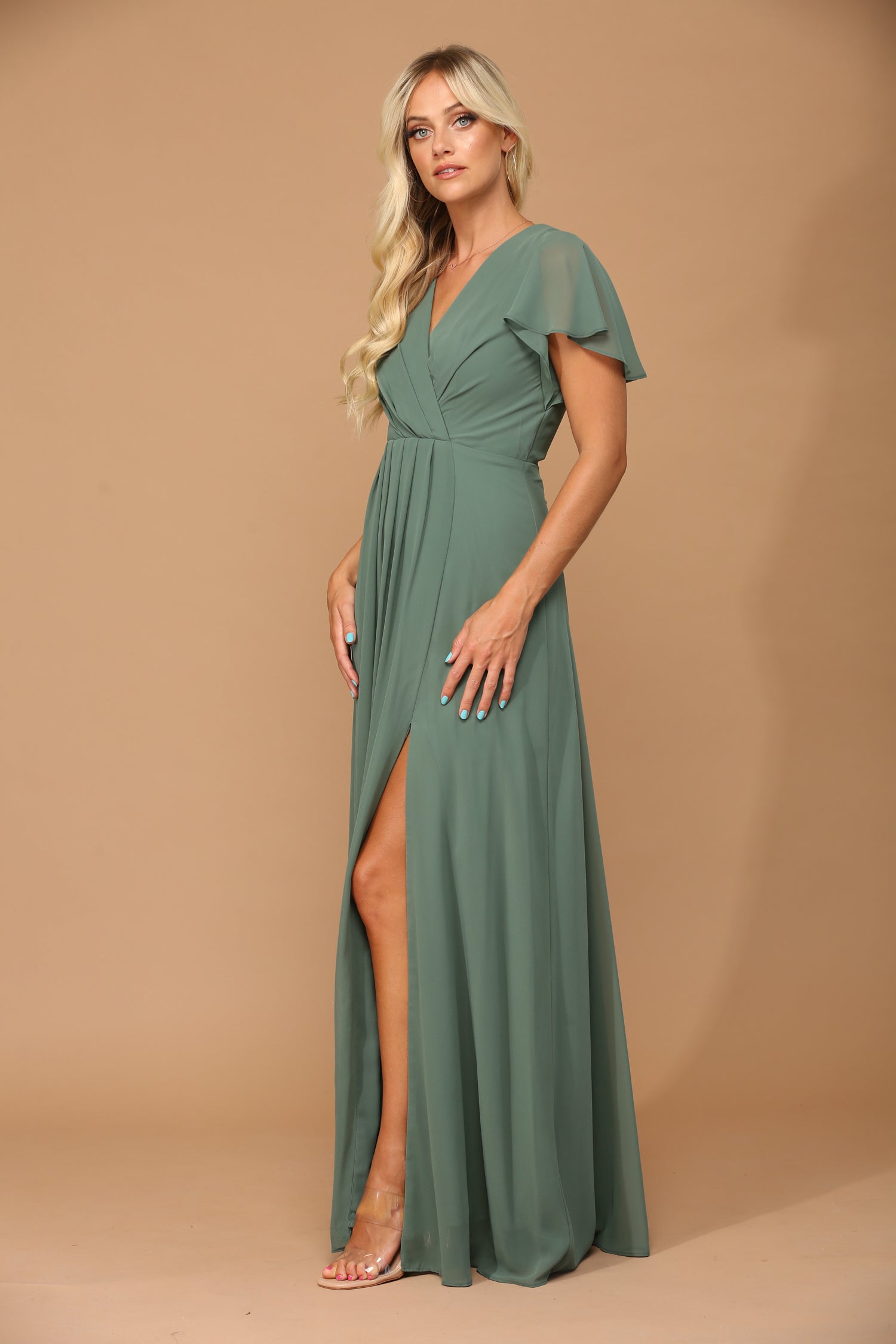 Eva USA 3413 Long Chiffon Bridesmaids Dress with Flutter Sleeves Rowan Bridal LLC Eva USA 3413 Long Chiffon Bridesmaids Dress with Flutter Sleeves Rowan Bridal LLC