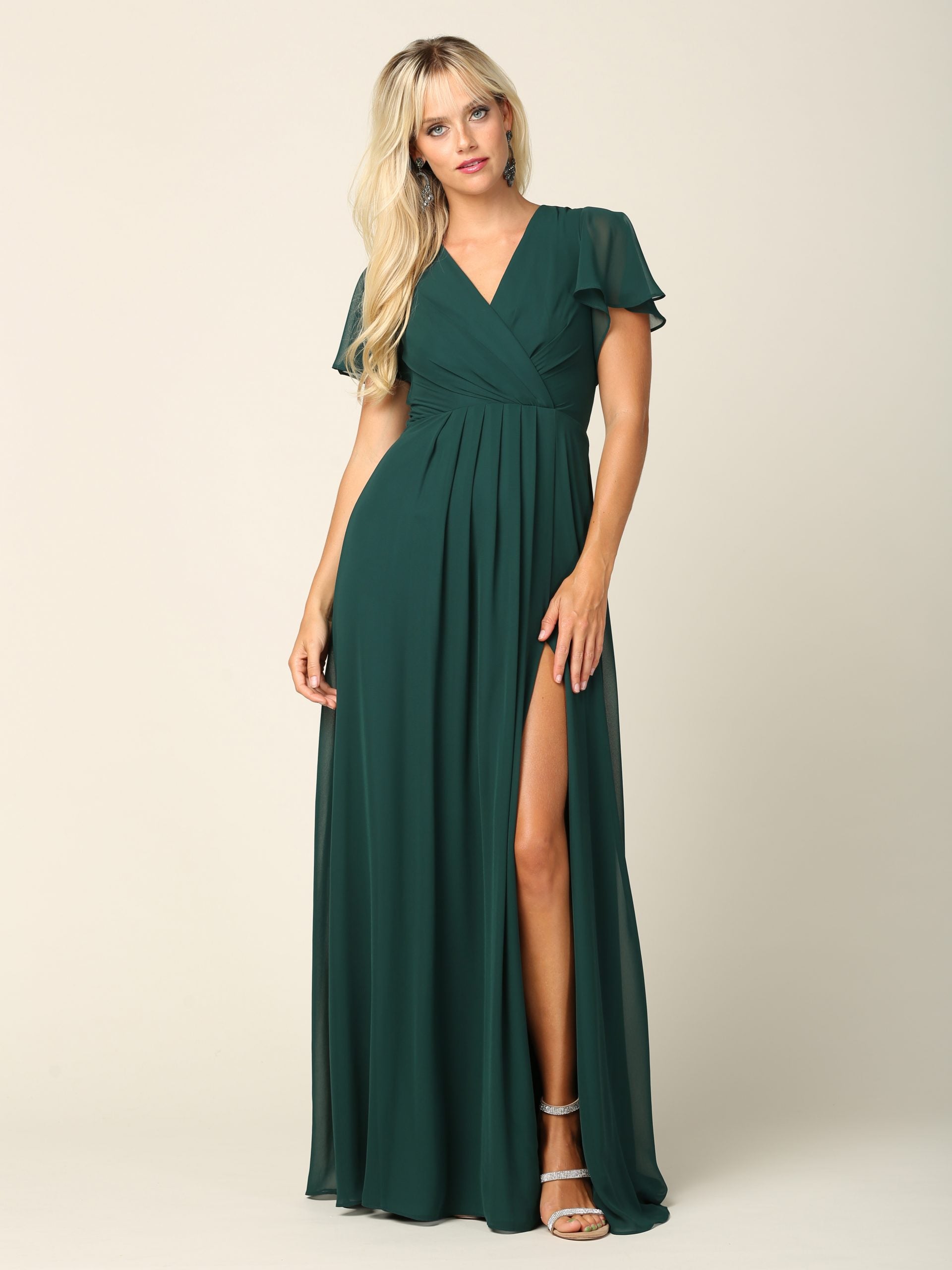 Eva USA 3413 Long Chiffon Bridesmaids Dress with Flutter Sleeves