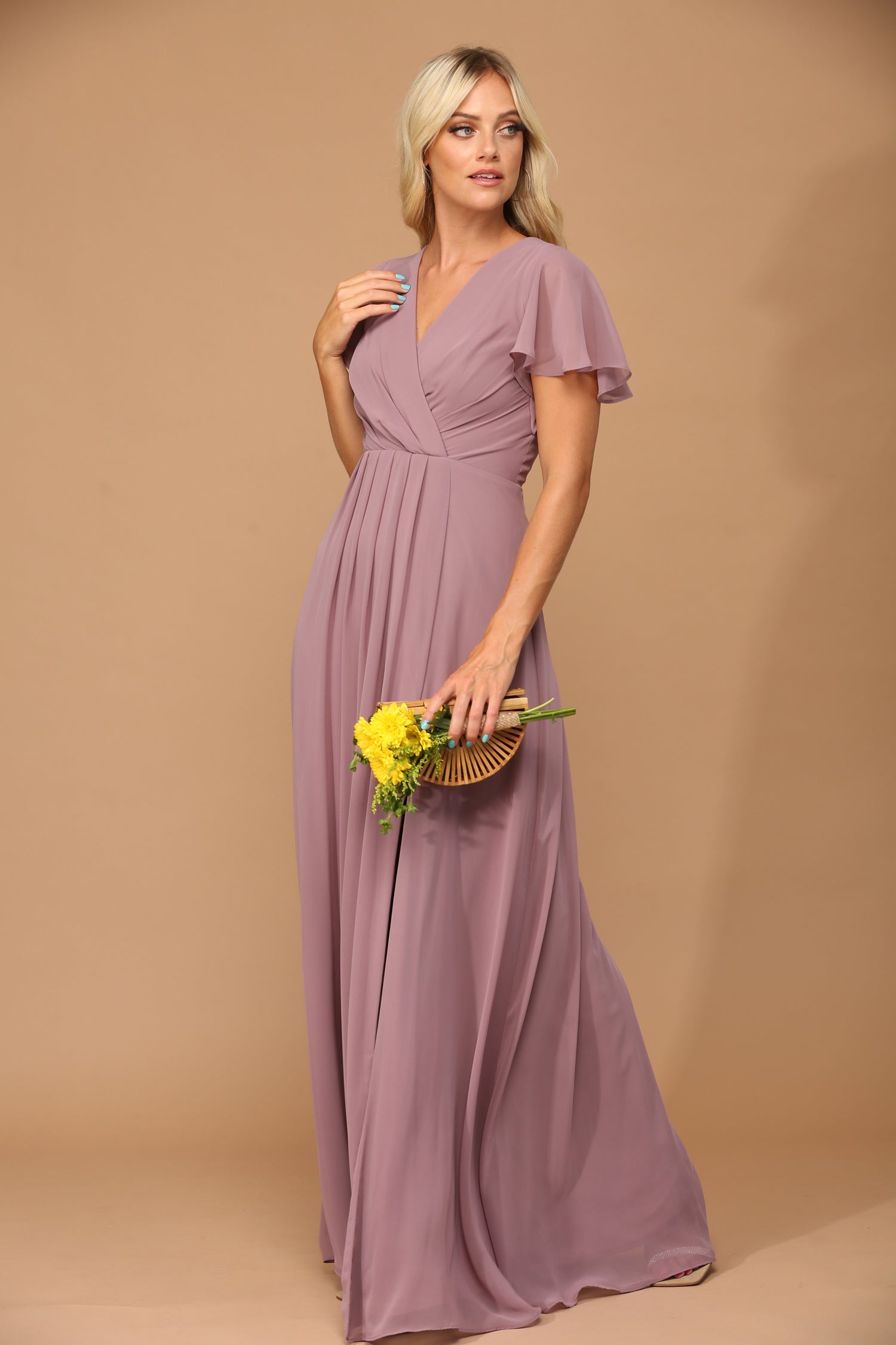 Eva USA 3413 Long Chiffon Bridesmaids Dress with Flutter Sleeves Rowan Bridal LLC Eva USA 3413 Long Chiffon Bridesmaids Dress with Flutter Sleeves Rowan Bridal LLC