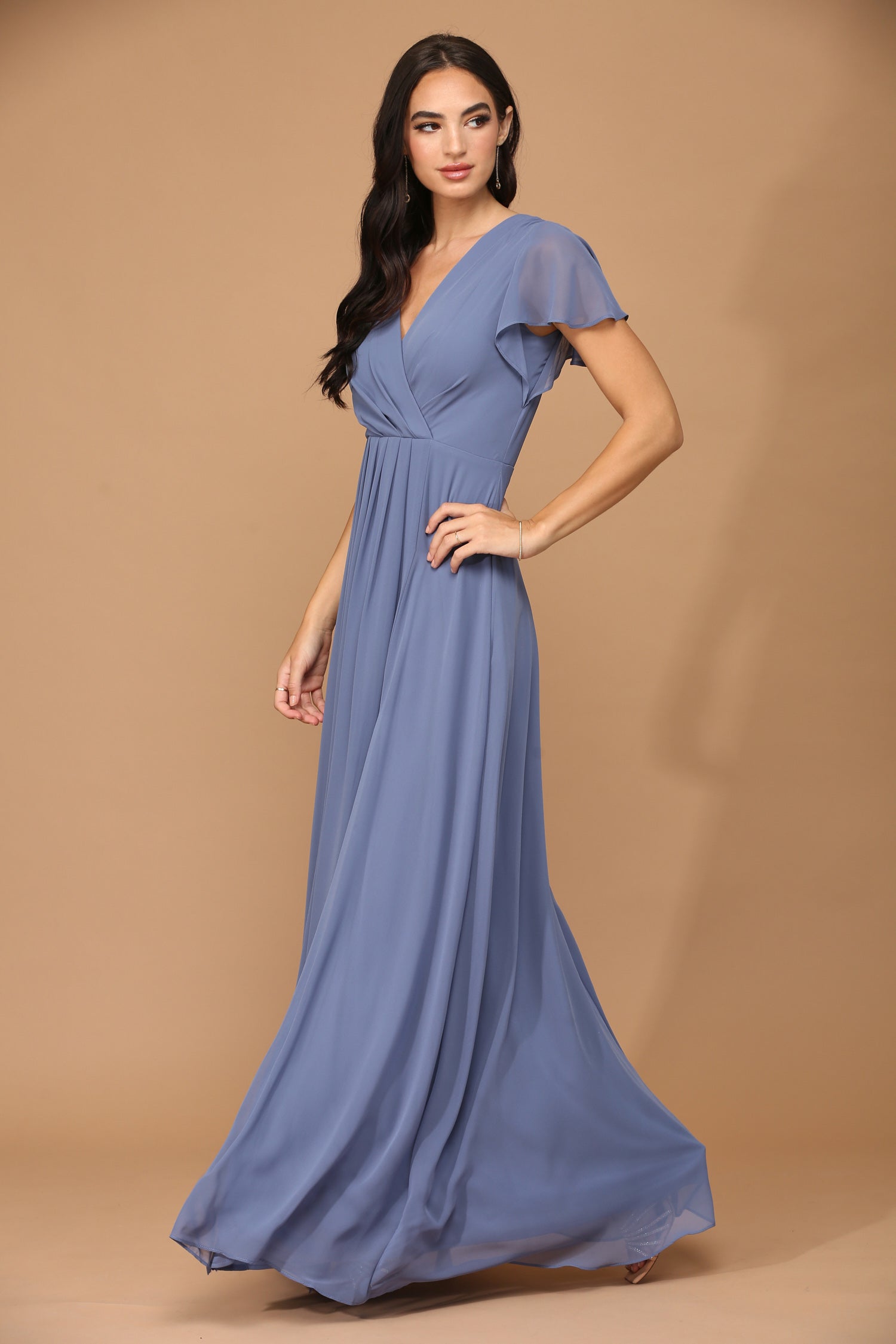 Eva USA 3413 Long Chiffon Bridesmaids Dress with Flutter Sleeves Rowan Bridal LLC Eva USA 3413 Long Chiffon Bridesmaids Dress with Flutter Sleeves Rowan Bridal LLC