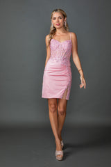 Dancing Queen 3427 Beaded Shimmer Mini Homecoming Dress With Corset Back