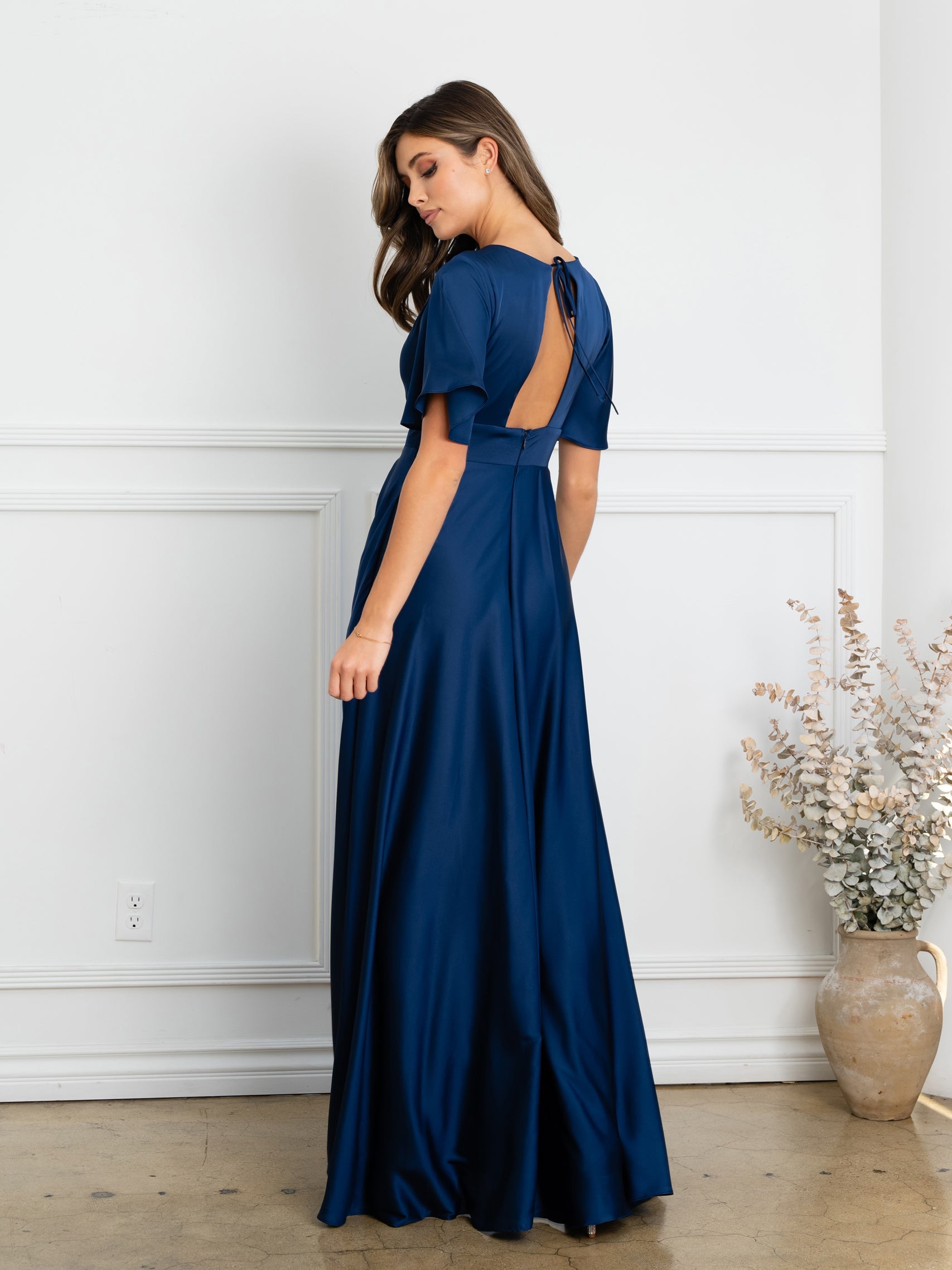 Eva USA 3523 Satin Bridesmaids Gown with Flutter Sleeves