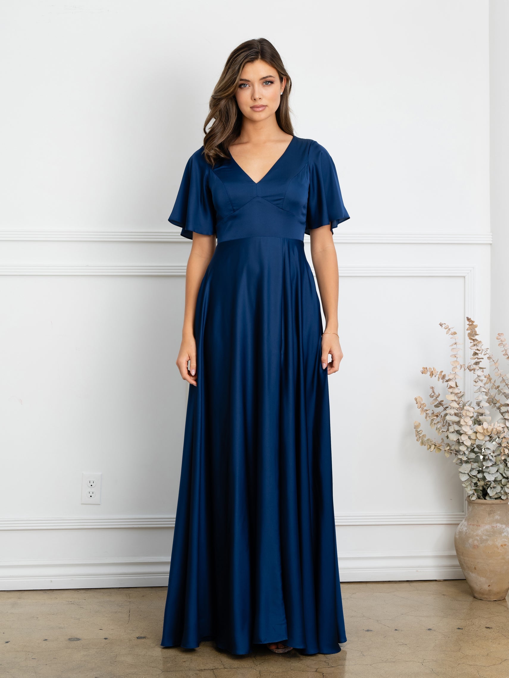 Eva USA 3523 Satin Bridesmaids Gown with Flutter Sleeves