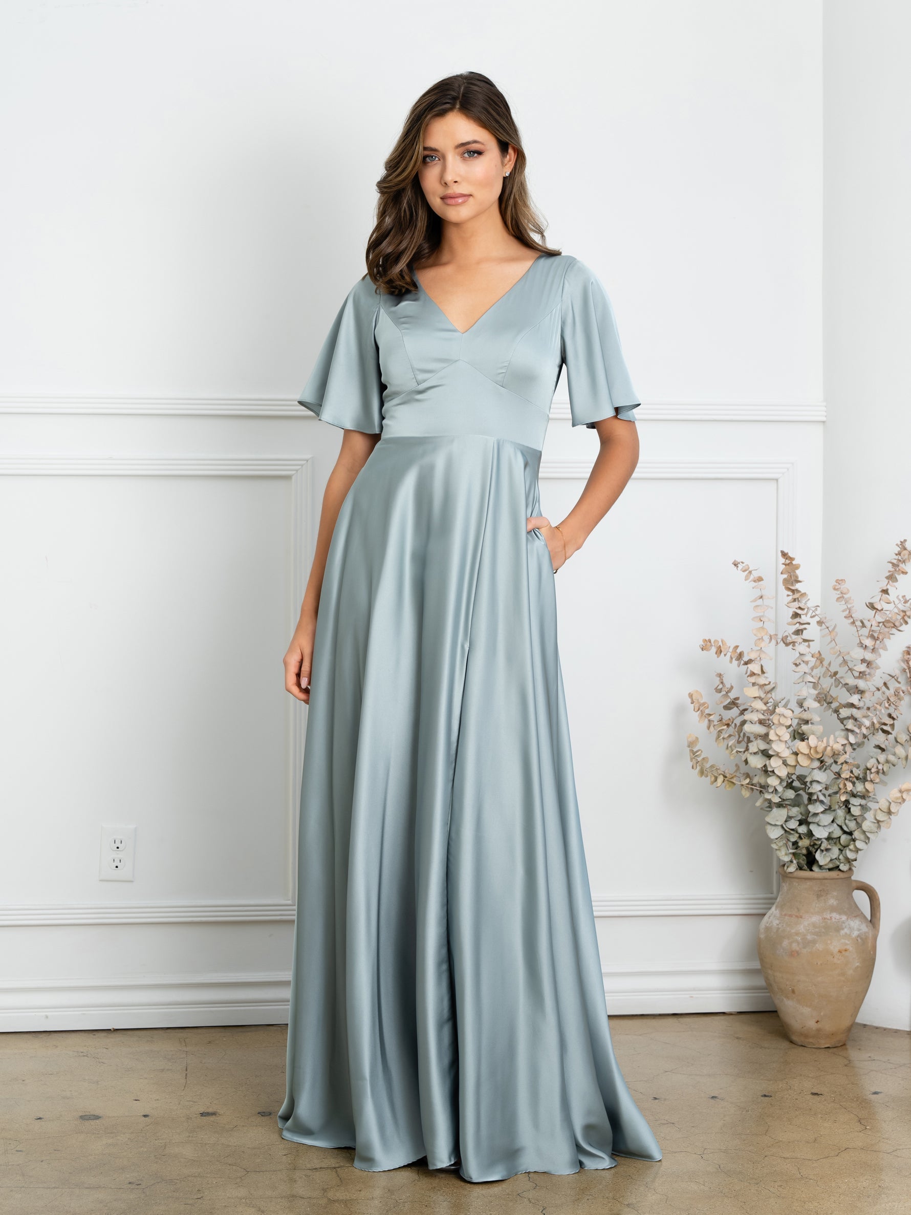 Eva USA 3523 Satin Bridesmaids Gown with Flutter Sleeves