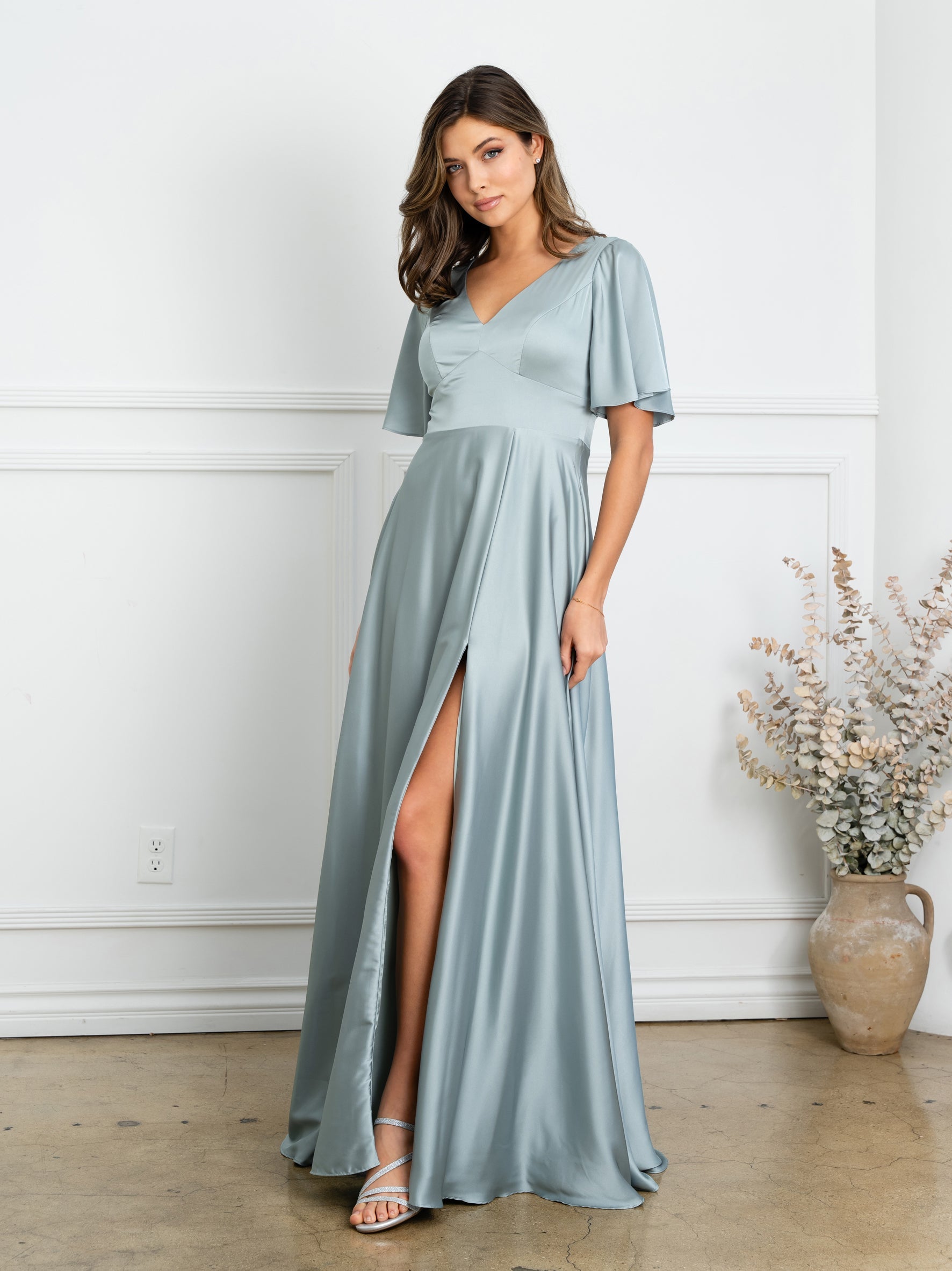 Eva USA 3523 Satin Bridesmaids Gown with Flutter Sleeves