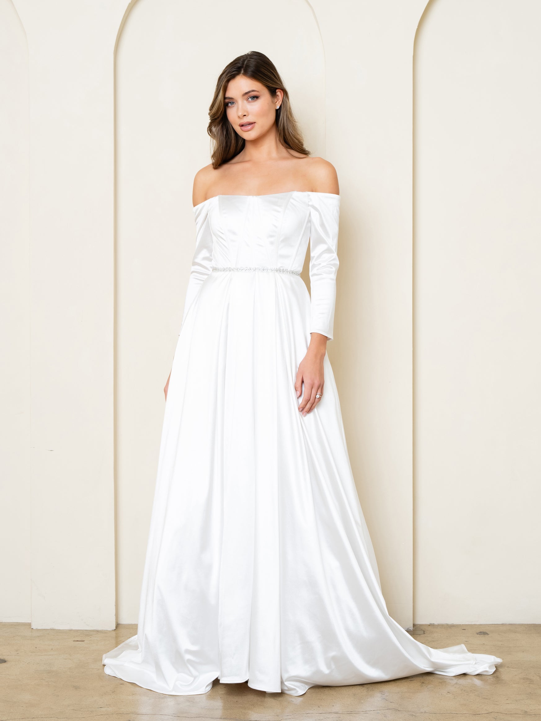 Eva USA 3528 Satin Bridal Gown With Sleeves and Train