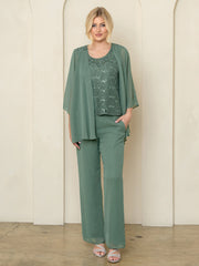 Eva USA 3541 Three Piece Mothers Formal Pant Suit Set Chiffon and Lace