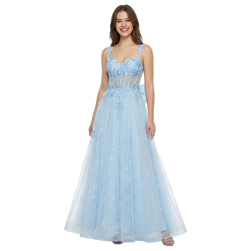 Chicas C379 Embroidered Tulle Prom Ball Gown With Bow Accent