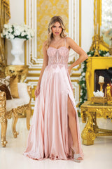 Dancing Queen DQ4520 Satin Prom Gown with Side Slit