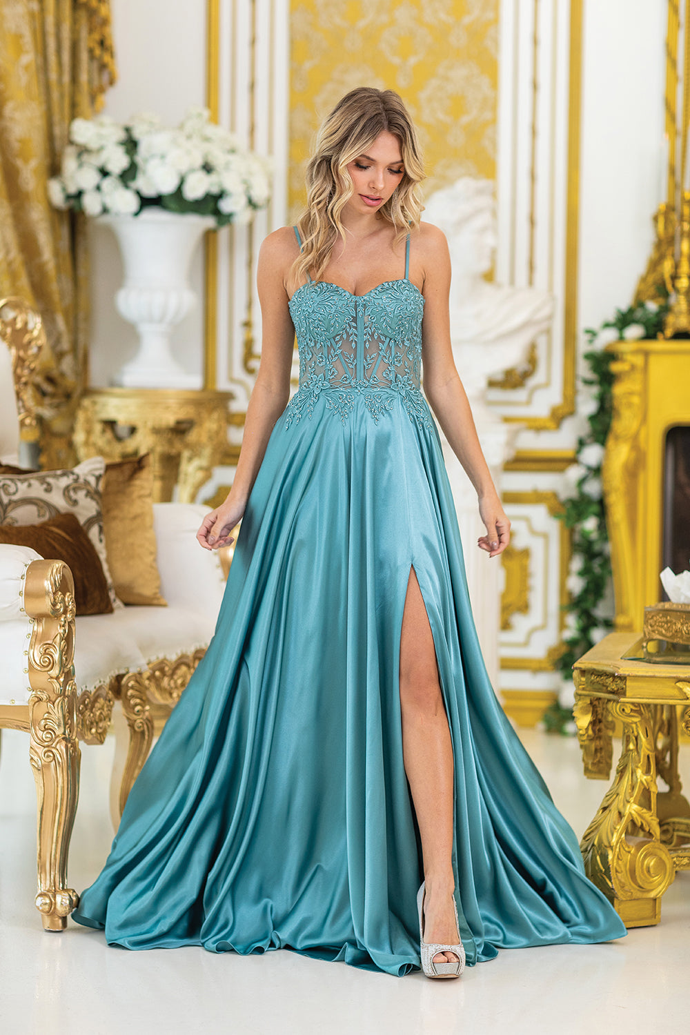 Dancing Queen 4520 Satin Prom Gown with Side Slit