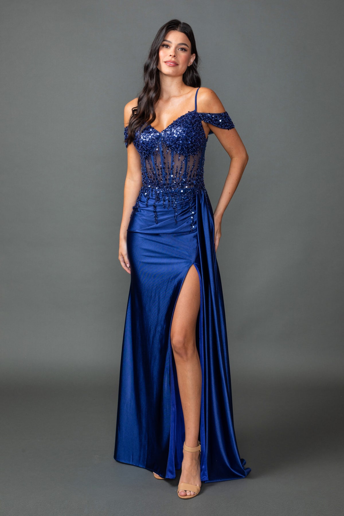Dancing Queen 4551 Sequined Formal Prom Gown In Stretch Satin