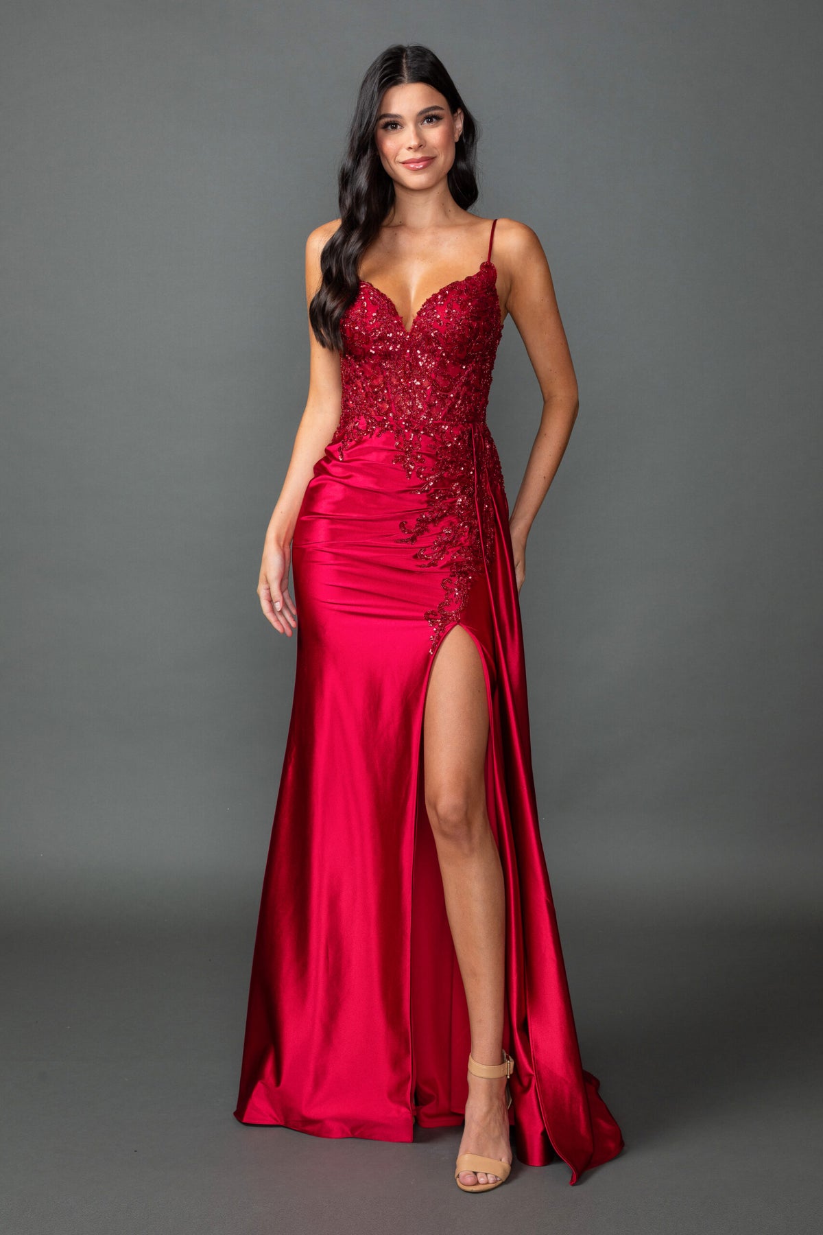 Dancing Queen 4552 Stretch Satin Prom Gown With Sweep Train