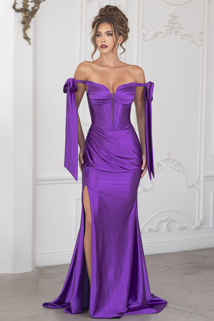 Lenovia 8401 Stretch Sateen Off The Shoulder Ribbon Bridesmaid Dress