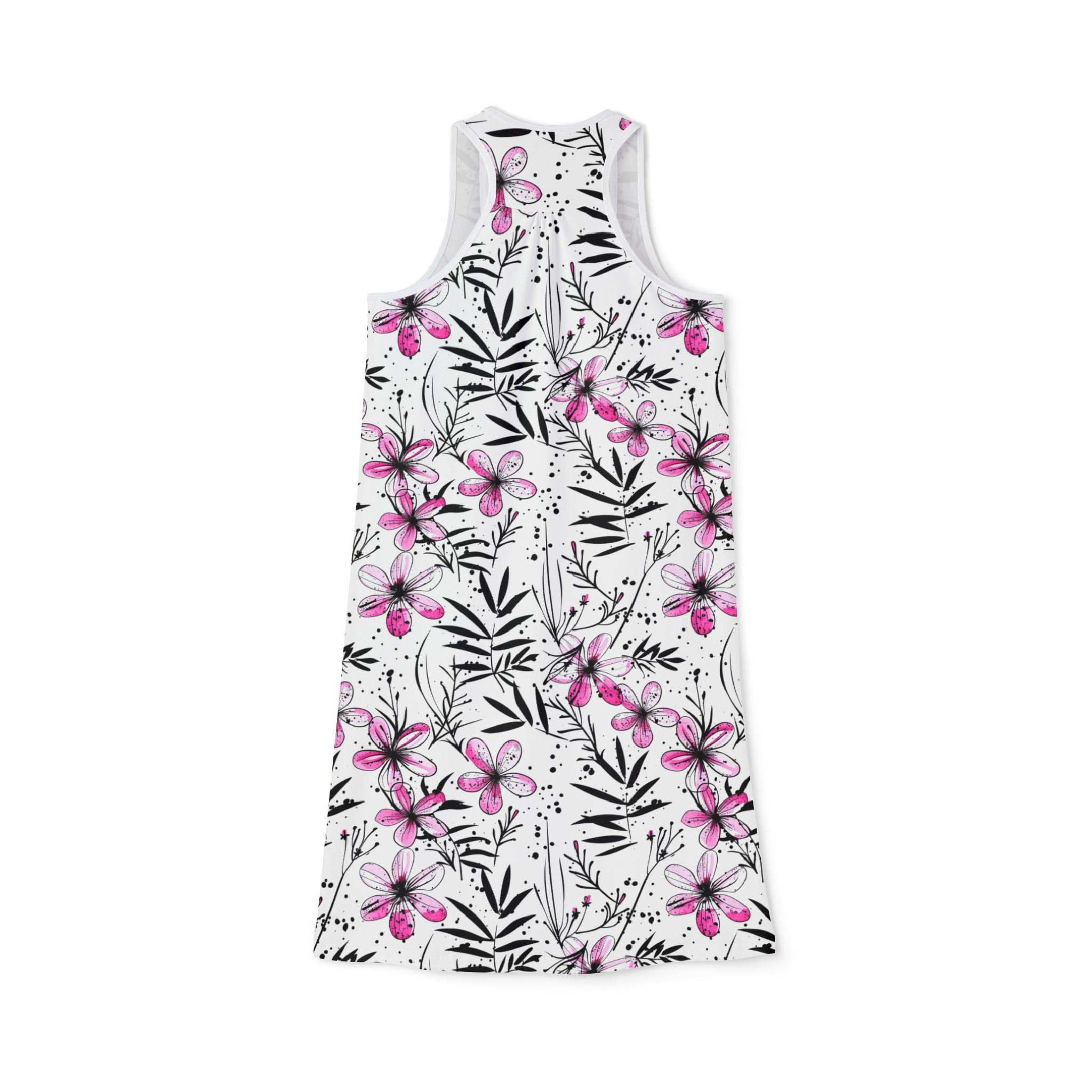 Ralee Fashion Floral Ink Print Pink and Black Racerback Dress for Women, Summer Dress, Beachwear, Casual Sundress, Floral Lounge Dress, Vacation Outfit