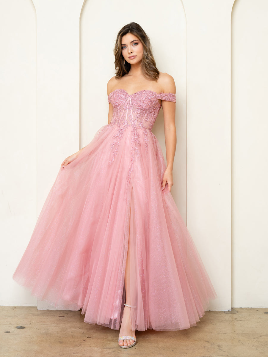 Eva USA 5279 Sparkle Tulle Prom Gown Off-The-Shoulder, Corset Back