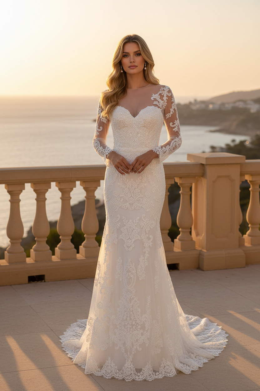 Eva USA 5321 Long Sleeve Trumpet Style Bridal Gown In Lace Applique
