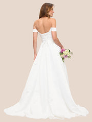 Eva USA 5323 Minimalist Satin Off-the-Shoulder Bridal Gown With Sweep Train