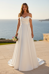 Eva USA 5323 Minimalist Satin Off-the-Shoulder Bridal Gown With Sweep Train