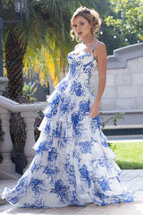 Lenovia 8499 Long Layered Chiffon Prom Gown in Floral Print