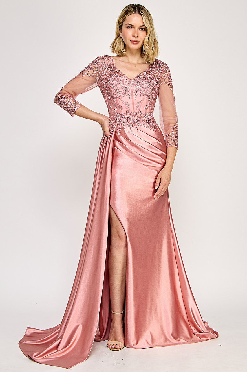 Lenovia 8366 Satin And Lace Formal Mothers Evening Gown With Sleeves