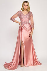 Lenovia 8366 Satin And Lace Formal Mothers Evening Gown With Sleeves